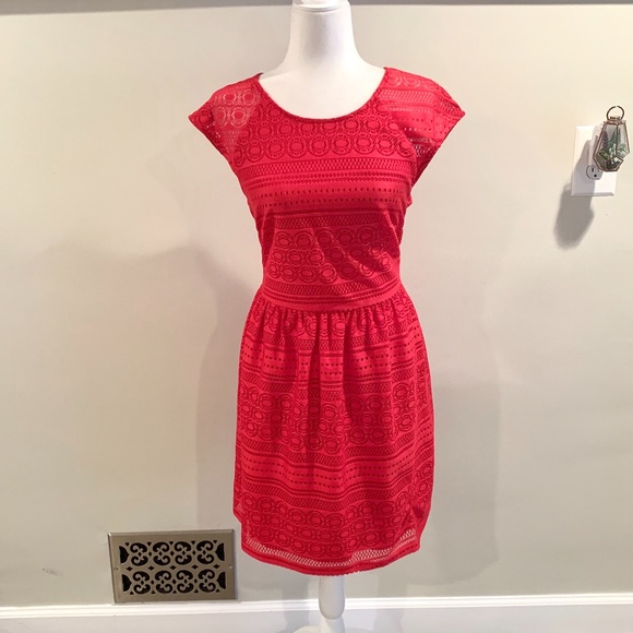 buttons Red Lace Cap Sleeve fit and flare Dress - Picture 2 of 7